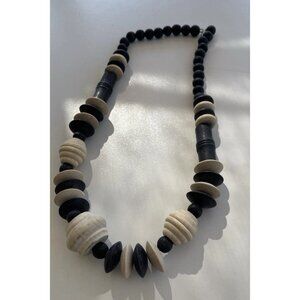 Vintage Estate Women’s Faux bone Wood Black White Large Round Necklace 28"